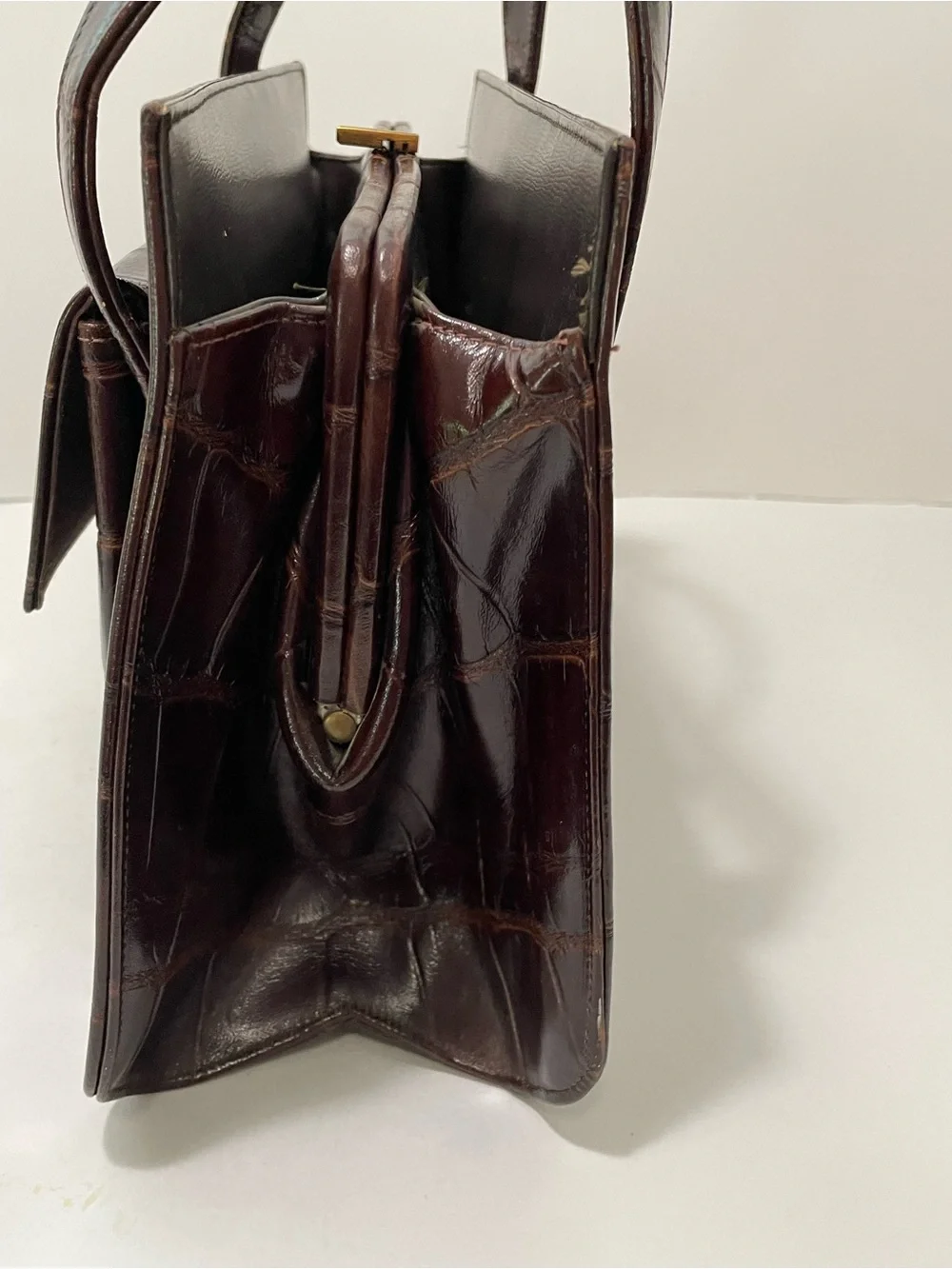 Vintage 1950s Faux Alligator Embossed Structured Top Handle Handbag Brown